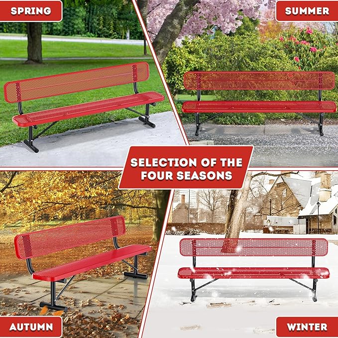 Heavy Duty Park Bench for Outside, Metal Park Bench with Back Portable Frame, Outdoor Steel Mesh Garden Bench with Backrest for Garden, Lawn, Patio, Porch, Park, Yard (Red, 8FT/95INCH)