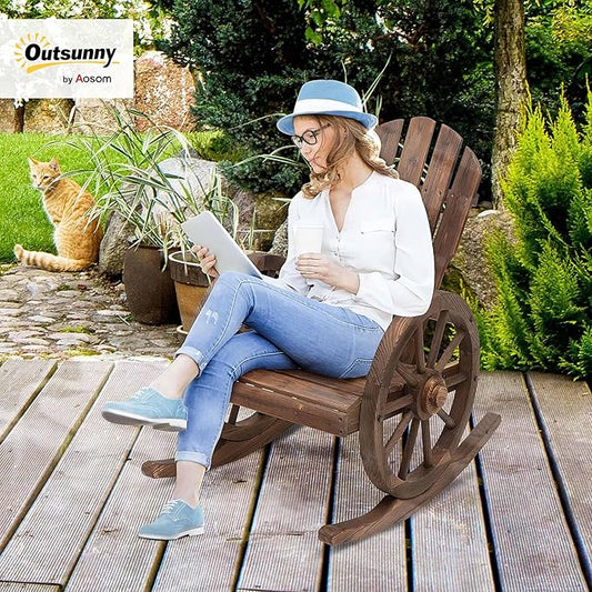 Outsunny Wooden Rocking Chair, Adirondack Rocker Chair w/Slatted Design and Oversized Back, Outdoor Rocking Chair with Wagon Wheel Armrest for Porch, Poolside, and Garden, Carbonized