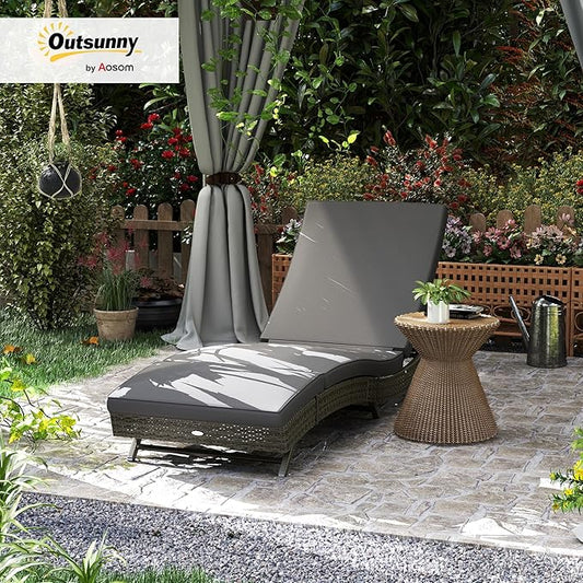 Outsunny Wicker Chaise Lounge Chair Outdoor with Wheels & Cushion, PE Rattan Patio Lounge Chair with 5-Level Adjustable Backrest for Poolside, Garden, Gray
