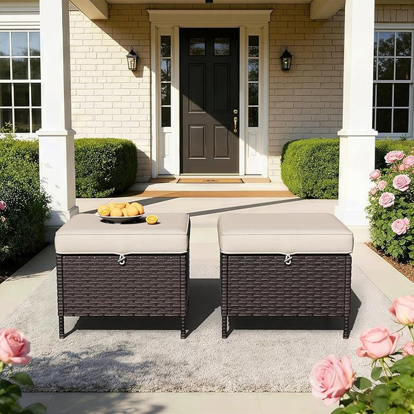 Outdoor Ottomans with Weather-Resistant Cushions, PE Rattan Patio Conversation Set for Backyard, Deck, Porch - Photo 1