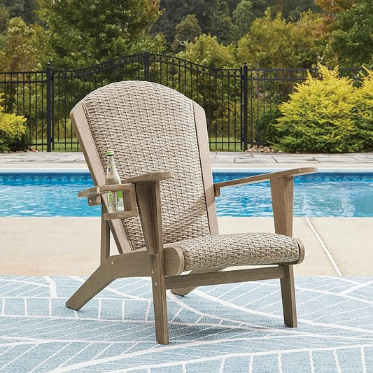 Signature Design by Ashley Bradstreet Bay Casual Outdoor Eucalyptus Wood Padded High Back Adirondack Chair with Handwoven Resin Wicker, Beige