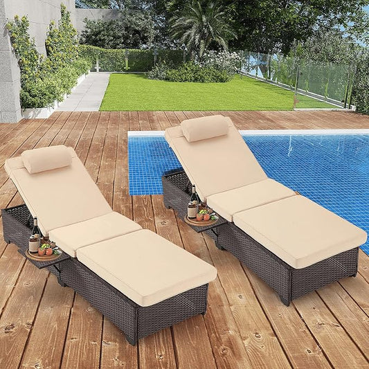 HOMREST PE Wicker Chaise Lounge Chairs Set of 6,Adjustable 5 Position Outside Rattanr Patio Pool Chair with Headrest,Cushion and Storage Rack for Poolside Backyard Porch,Khaki