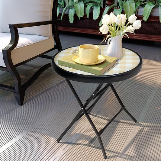 Foldable Patio Side Tables, 17.7" Small End Table Outdoor Weatherproof, Round Glass Top Outside Folding Table for Poolside, Balcony, Yard, Porch(Yellow)