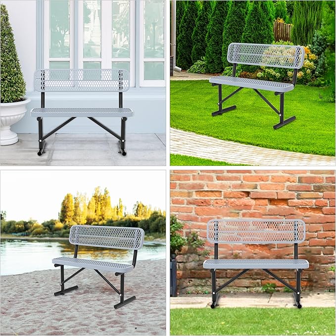 4 Ft Metal Park Bench for Outside, All-Weather Thermoplastic Coating Outdoor Bench with Backrest, Commercial Heavy Duty Benches for Shopping Malls, Stores, Parks, Patios, Decks, Grey