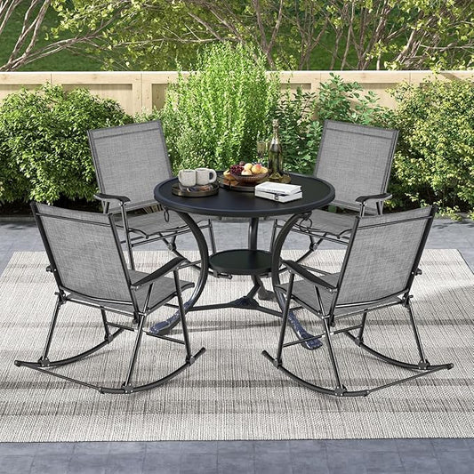 Tangkula Folding Rocking Chairs Set of 4, Patio Rockers with Breathable Seat Fabric & Sturdy Metal Frame, Smooth Rocking Motion, Heavy-Duty Outdoor Rocker for Backyard, Front Porch, Poolside