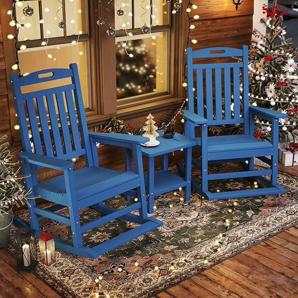 Classic Outdoor Rocking Chair Set with Side Table, 3-Piece HDPE Patio Rocking Lawn Chairs for Porch, Deck, or Garden - Photo 1