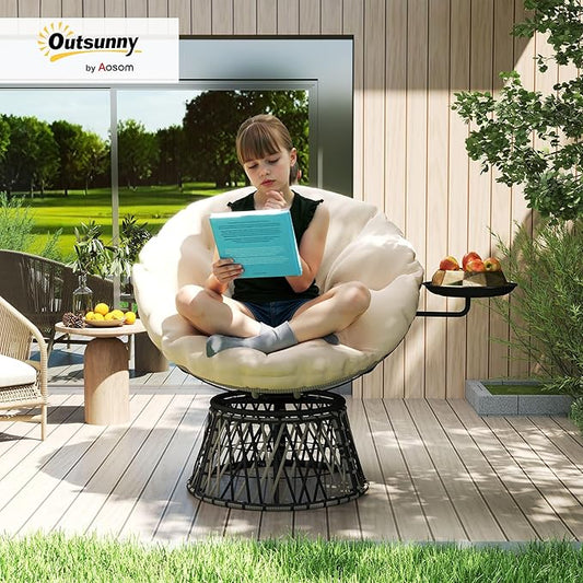 Outsunny 39" Outdoor Papasan Chair with Side Tray, 360° Swivel Overstuffed Circle Chair with Thickened Cushion, Wicker Lounger with Steel Frame for Indoor, Patio, Beige