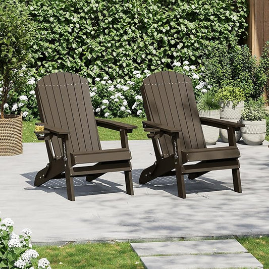 HDPE Foldable Adirondack Outdoor Chair Set of 2 with Cup Holder, Weather Resistant Heavy-Duty Patio Chair for Patio, Backyard, Deck, Fire Pit, Lawn and Porch, Brown