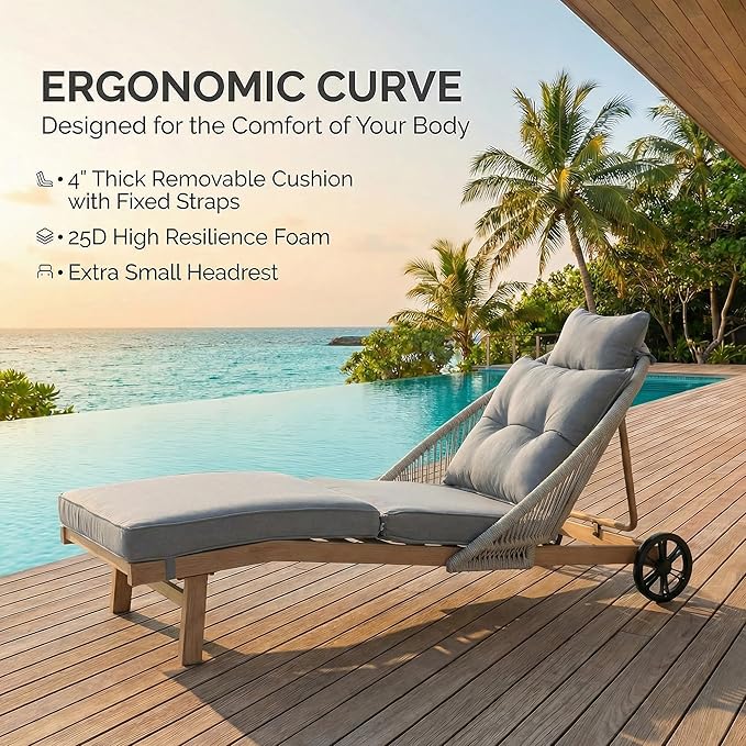 Patio Chaise Lounge Chairs Set of 2, Oversized Lounge Chair Outdoor with Cushions, Pool Lounger Chairs with Wheels, All Weather Wicker Outdoor Chaise Lounge Chairs for Outside/Deck, Grey