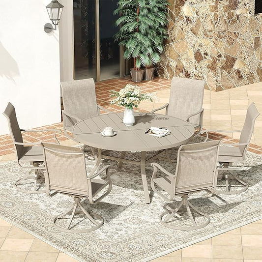 VICLLAX 47.2" Round Patio Dining Table for 4-6, All Weather Metal Outdoor Table with 1.57" Umbrella Hole and Storage Shelf for Garden Lawn Deck, Sandshell