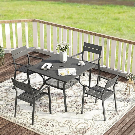 VICLLAX 37.8" Square Outdoor Patio Table, All Weather Metal Outdoor Dining Table for Lawn Garden, Grey Wood-Like Tabletop