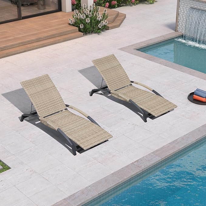 PURPLE LEAF Patio Chaise Lounge Chair Set of 2 Wicker Adjustable Recliner Tanning Chair for Outdoor Pool Beach Poolside Sunbathing Lounger Beige