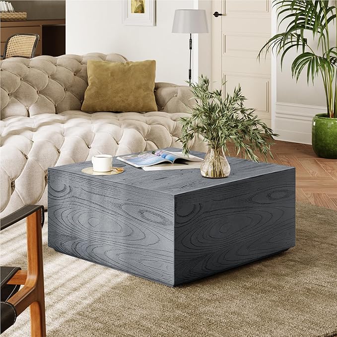 UPHA 28" Square Outdoor Coffee Table, Modern Hollow Concrete Patio Table, Small Minimalist Low Accent Table for Living Room, Balcony, Deck, Backyard, Gray Wood Finish