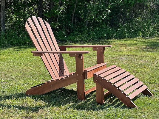 Solid Acacia Wood Adirondack Chair with Footstool Ottoman Accent Furniture for Yard,Patio,Garden,Lawn w/Natural Finish