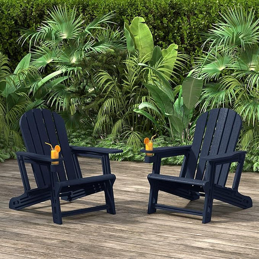 Costaelm Cayman Hardware-Free Assembly Outdoor Patio HDPE Poly Plastic Adirondack Chair with Cup Holder (Set of 2), Navy Blue