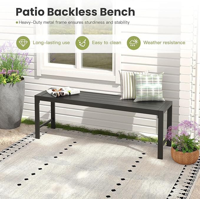 51.2" Outdoor Bench, 2 Pieces Patio Backless Garden Bench with Metal Frame for Porch, Entryway, Lawn, Backyard, Black
