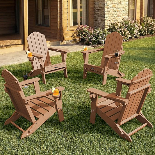 Adirondack Chairs Set of 4, HDPE Material Fire Pit Chairs, Plastic Adirondack Chairs with 2 Cup Holder, Outdoor Lawn Chair for Patio Garden, Teak