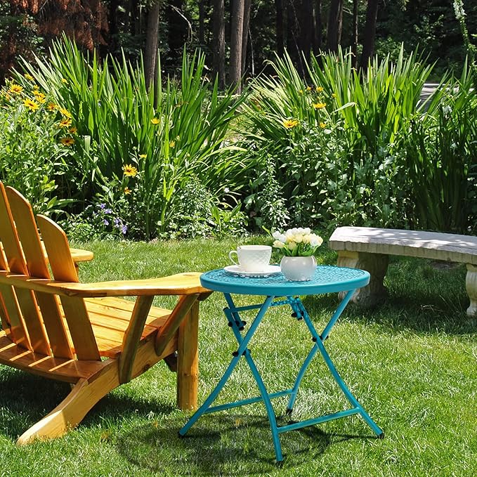 TeoKJ Folding Outdoor Side Tables, Anti Rust Small Patio Table Round Metal Nightstand with Flower Cutouts for Porch Yard Balcony Deck Lawn, Blue