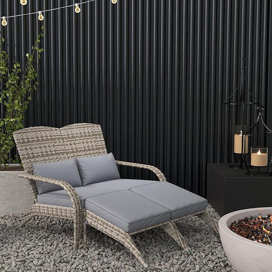 Outsunny Wicker Adirondack Chair for 2 with Cushions & Footrests, PE Rattan Double Chaise Lounge Chair, Fire Pit Chair for Porch with Wide Armrests, High-Back, Gray