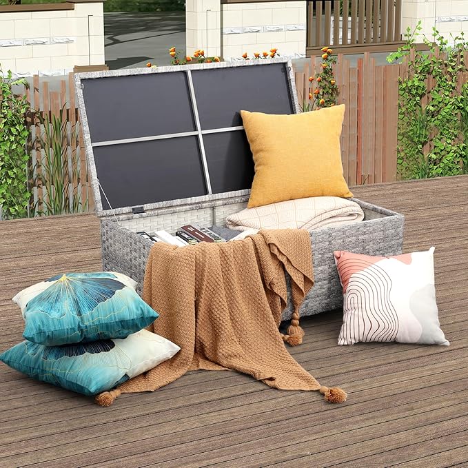 WAROOM Patio Coffee Table PE Wicker Ourdoor Storage Table, All Weather Resin Rattan Table with Storage for Garden Backyard Porch Poolside, Grey