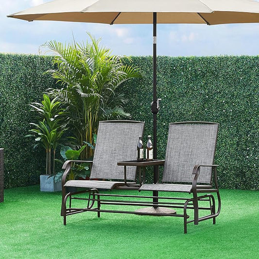 Yaheetech 2-Seat Outdoor Glider with Center Table, Patio Rocking Loveseat with Breathable Mesh Sturdy Metal Frame for Garden Pool Lawn