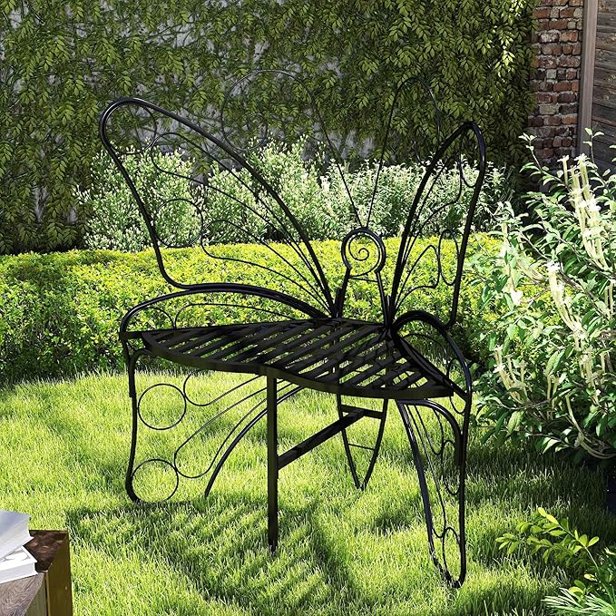 Cute Butterfly Bench Outdoor, Metal Garden Benches for Outdoors Patio Yard Lawn Balcony, Sturdy Frame (38 inch)