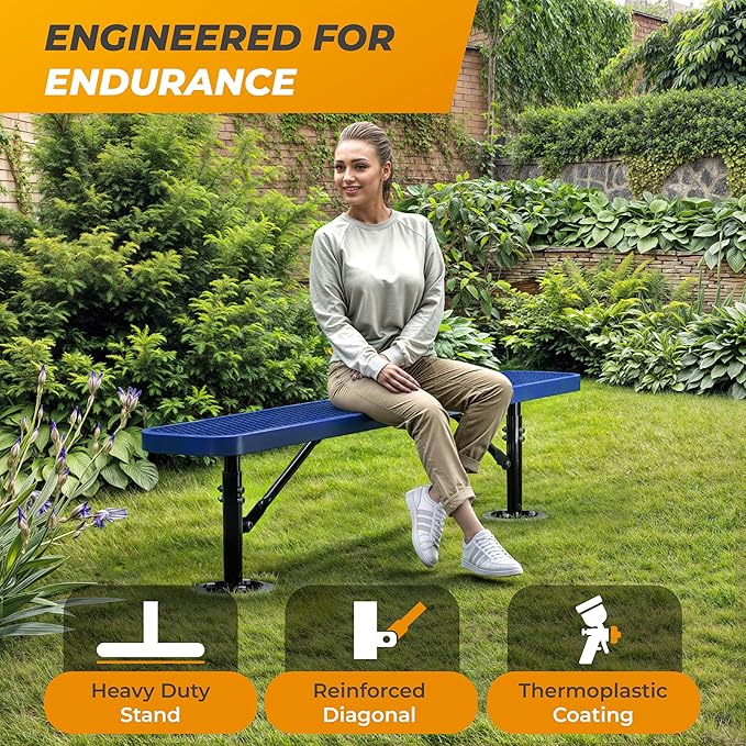 Heavy-Duty Outdoor Metal Bench, Thermoplastic-Coated, Surface, Weatherproof, Commercial-Grade for Parks, Gardens, Patios, Stores & More (6 Ft - Surface, Blue)
