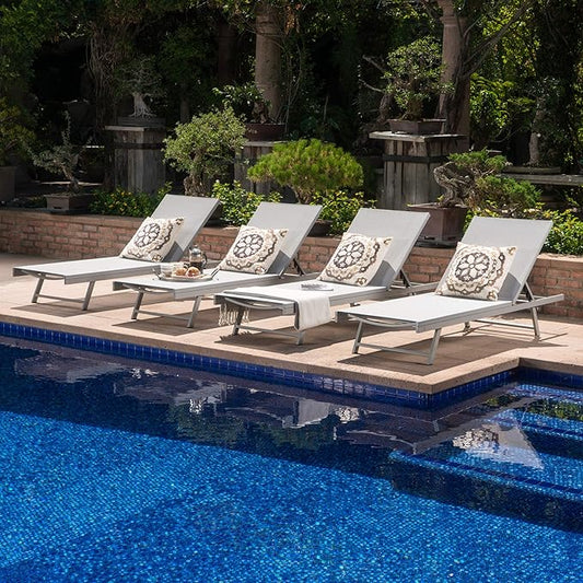 Christopher Knight Home Salton Outdoor Mesh Loungers with Aluminum Frame, 4-Pcs Set, Grey / Dark Grey