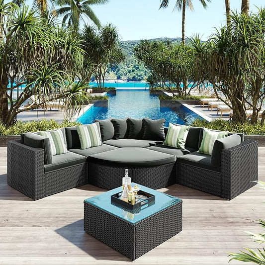 Quarte 7 Piece Outdoor Patio Furniture Sofa Sets,All Weather Rattan Conversation Sofa Set with Striped Green Pillows/Tempered Glass Coffee Table for Garden, Deck