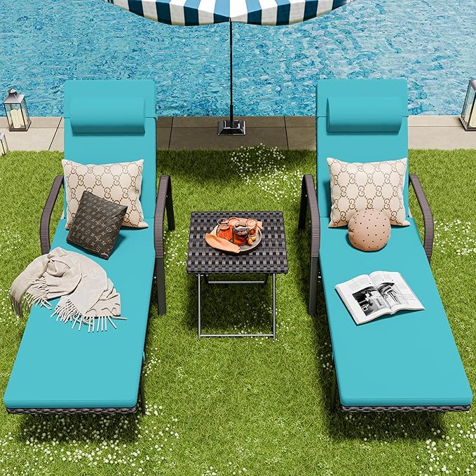 Patio Chaise Lounge Set 3 Pieces Outdoor Lounge Chair with Rattan Adjustable Backrest Armrest and Folding Table for Beach Patio,Sand, for Poolside Backyard Porch