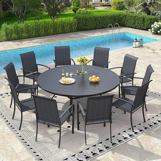 VICLLAX 63" Outdoor Patio Dining Table for 8-10, Metal Round Table with Umbrella Hole for Deck Lawn Garden Backyard, Black