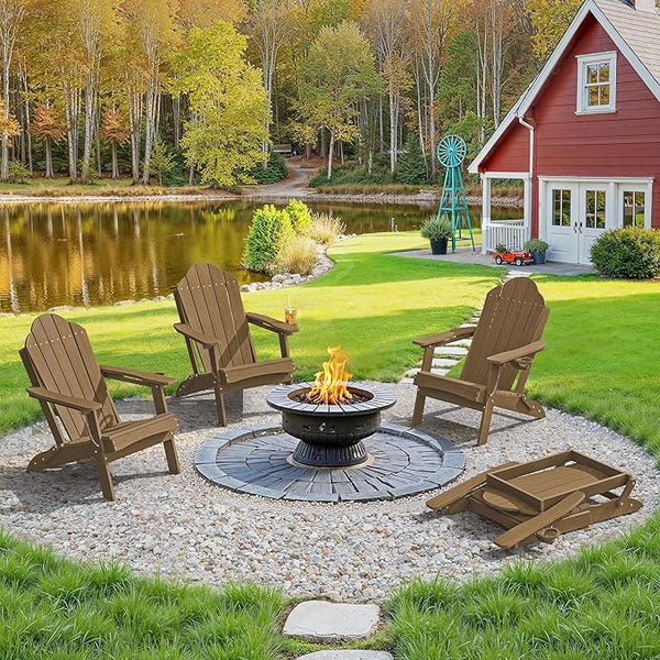 LUE BONA Folding Adirondack Chair, Chairs Set of 6, Cup Holder, Woodgrain, Fire Pit, Patio, Pool, Brown - Photo 1
