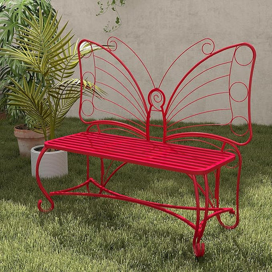 Outdoor Bench Patio Outdoor Garden Bench Butterfly Cast Iron Metal Patio Bench, Outdoor Chair Slatted Seat and Butterfly Pattern Backrest for Outside, Front Porch, Park, Lawn, Backyard and Balcony