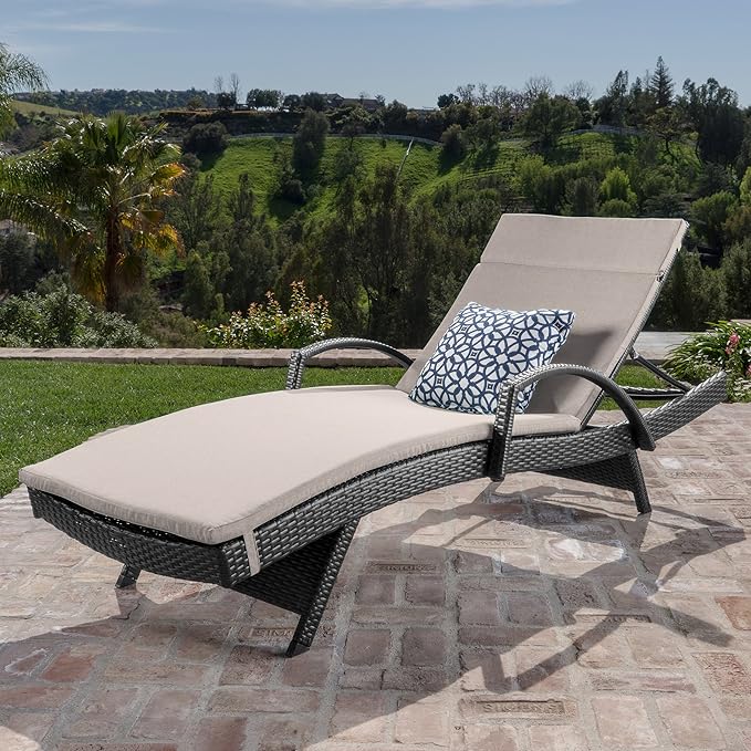 GDFStudio Solaris Outdoor Grey Wicker Armed Chaise Lounge w/Water Resistant Cushion (Textured Beige)