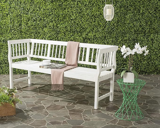 SAFAVIEH Outdoor Patio Furniture Collection – Brentwood Antique White Distressed Acacia Wood Bench with Silver Accents, Classic Outdoor Seating for Porch or Garden (PAT6732C)