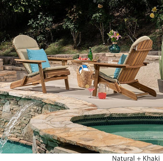 Christopher Knight Home 304617 Amenda Outdoor Acacia Wood Folding Adirondack Chairs with Cushions (Set of 2), Natural and Khaki