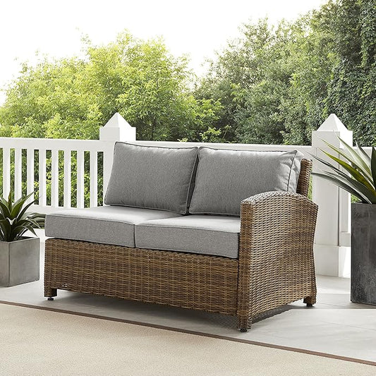 Crosley Furniture Bradenton Outdoor Sectional Right Side Loveseat, 2-Person Wicker Patio Couch for Deck, Brown with Gray Cushions