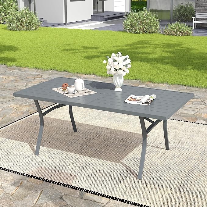 VICLLAX 70.9" Patio Dining Table for 8, Outdoor Rectangular Metal Table with 1.57" Umbrella Hole for Backyard Porch Backyard Garden Deck, Darkgrey
