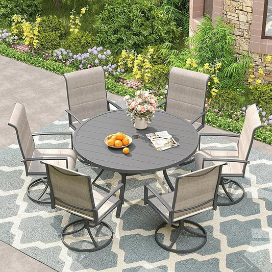 VICLLAX Round Patio Dining Table for 4-6, Outdoor Metal Dining Table with Umbrella Hole for Deck Lawn Garden Backyard, 47.2" Dark Grey