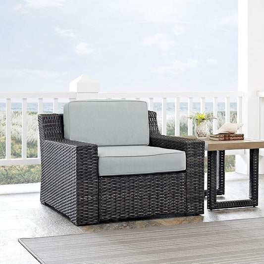Crosley Furniture Beaufort Beaufort Outdoor Chair, Wicker Patio Chairs for Porch, Deck, Balcony, Backyard, Brown with Mist Cushions