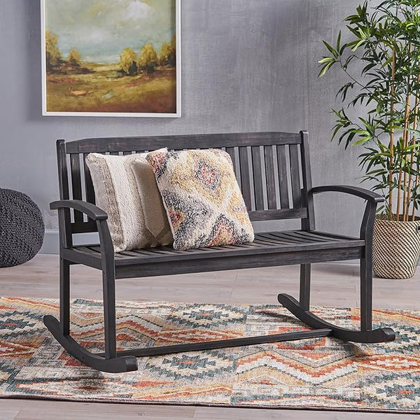 Patio Rocking Loveseat, 2 Person Outdoor Rocker Bench, Acacia Wood Patio Rocking Loveseat with Armrests - Photo 1