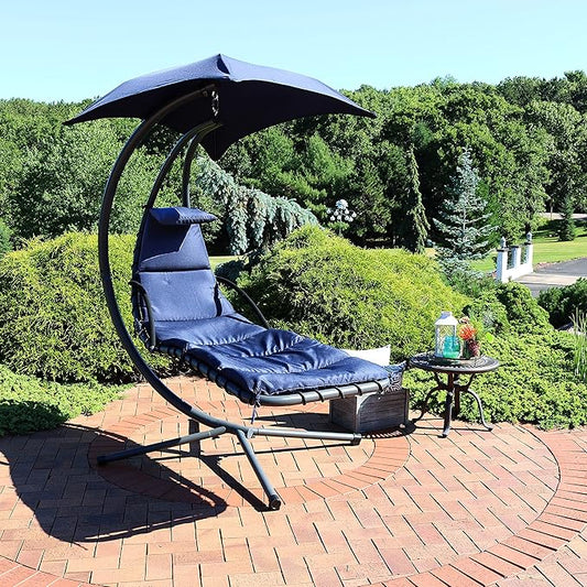Sunnydaze Floating Chaise Lounger Swing Chair with Umbrella Canopy - Curved Steel Hammock Lounge Chair with Cushion and Pillow - Removable Cushion and Umbrella Shade - 82-Inch Tall - Navy Blue