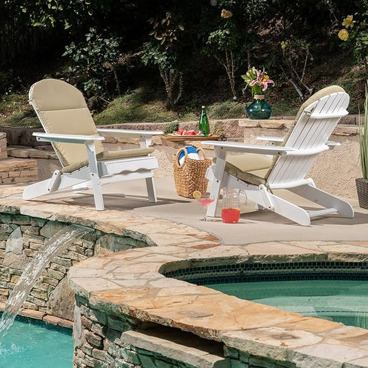 Christopher Knight Home 304625 Amenda Outdoor Acacia Wood Folding Adirondack Chairs with Cushions (Set of 2), White and Khaki