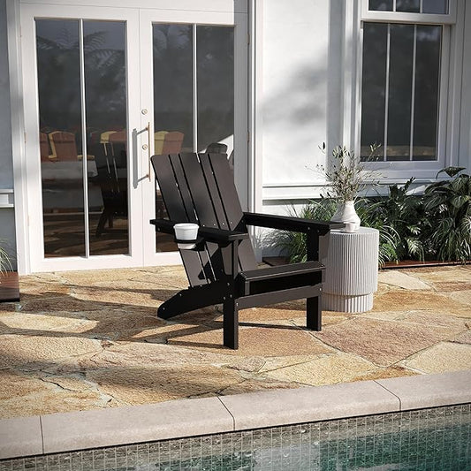 Taylor & Logan Hedley Adirondack Chair with Cup Holder, Weather Resistant HDPE Adirondack Chair in Black