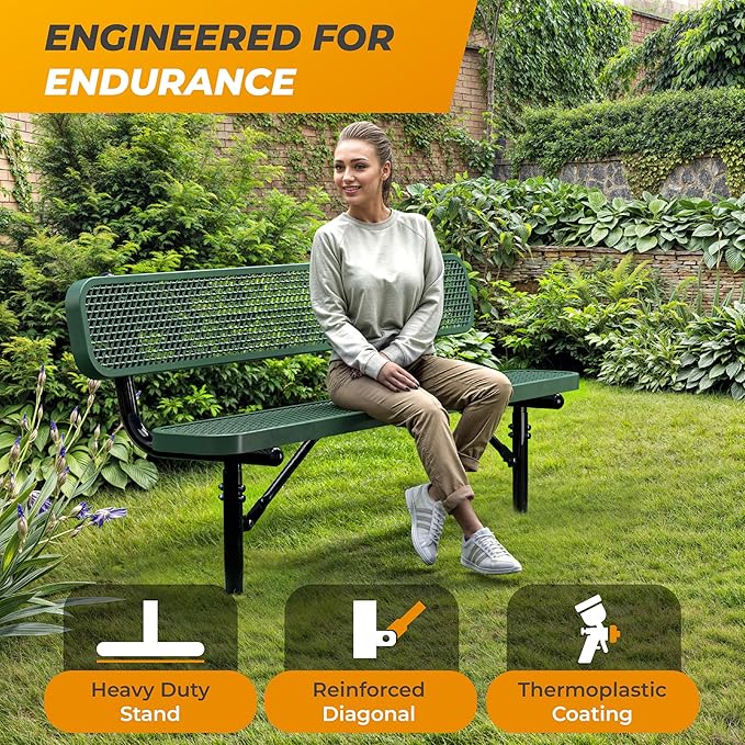 Heavy-Duty Outdoor Metal Bench, Thermoplastic-Coated, Inground, Weatherproof, Commercial-Grade for Parks, Gardens, Patios, Stores & More (6 Ft - Inground with Back, Green)