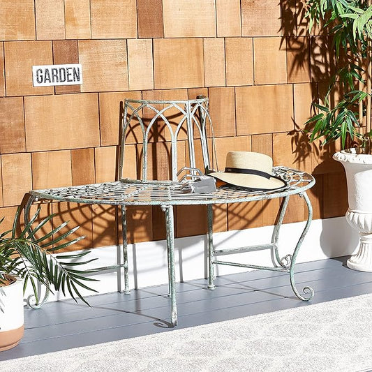 SAFAVIEH Outdoor Furniture Collection – Abia Antique Dark Green Distressed Wrought Iron 50-Inch Curved Tree Bench, Garden & Patio Seating (PAT5018D)