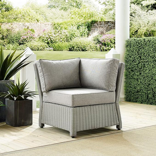 Crosley Furniture Bradenton Corner Outdoor Sectional Chair, Wicker Patio Chairs for Porch, Deck, Backyard, Gray with Gray Cushions