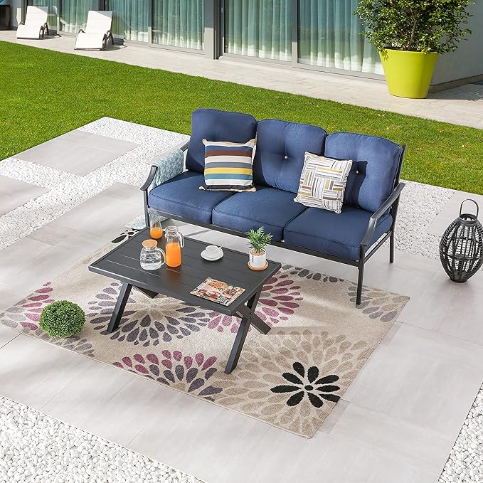 LOKATSE HOME Outdoor Patio Cushioned Loveseat 3 Seats Sofa Bench with Metal Coffee Table