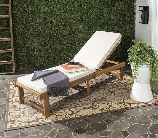 SAFAVIEH Outdoor Collection Inglewood Natural Solid Wood/Beige Cushion Adjustable Chaise Lounge Chair (PAT6723A)