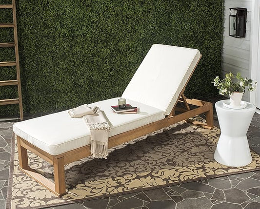 SAFAVIEH Outdoor Collection Solano Natural Brown Solid Wood/Beige Cushion Patio Adjustable Chaise Lounge Chair (PAT7024A)